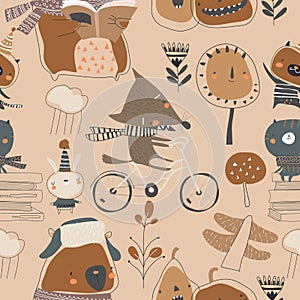 Seamless pattern with cute animals in autumn forest