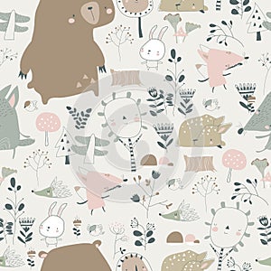 Seamless pattern with cute animals in autumn forest