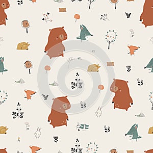 Seamless Pattern with Cute Animals in Autumn Forest