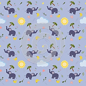 Seamless pattern with cute animals, elephant, colorful kids background. Textured illustration, hand drawn.
