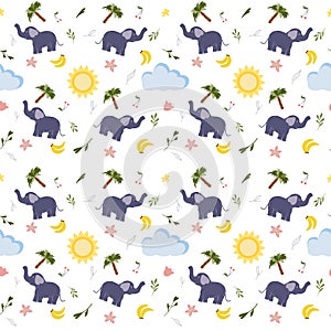 Seamless pattern with cute animals, elephant, colorful kids background. Textured illustration, hand drawn.