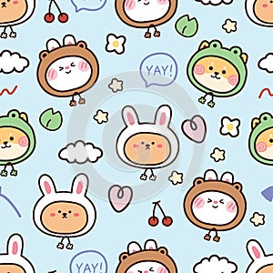 Seamless pattern of cute animals face on blue background