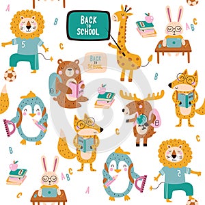 Seamless pattern cute animals go to school. Vector illustrations