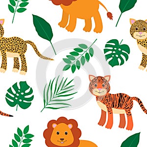 Seamless pattern cute animals leopard tiger and tropical leaves vector illustration