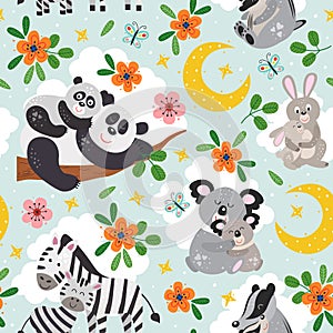 Seamless pattern with cute animals mother and baby on blue background