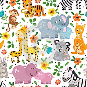 Seamless pattern with cute animals mother and baby on white background