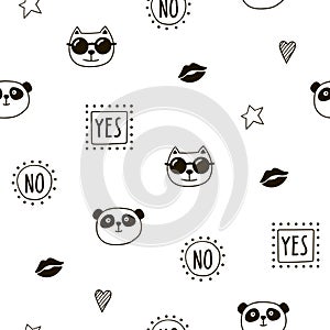 Seamless pattern with cute animals and objects.