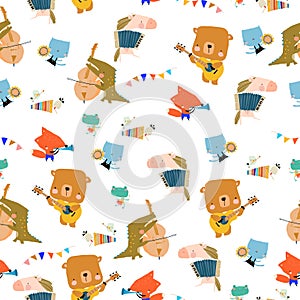 Seamless Pattern with Cute Animals playing the musical instruments