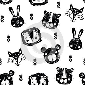 Seamless pattern with cute animals in Scandinavian style.