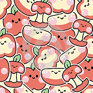 Seamless pattern of cute apples smile face sticker background.Catoon character design