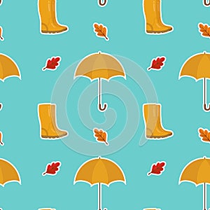 Seamless pattern with cute autumn stickers. Background with umbrella, leaves, rubber boots. Vector illustration for decor, design
