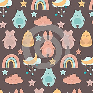 Seamless pattern with cute baby animals. Vector illustration with animal. For children's room, textiles, clothing