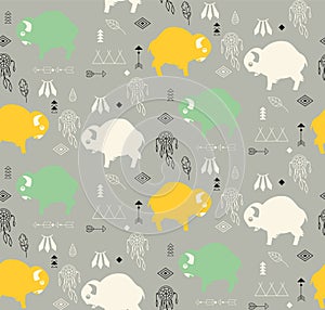 Seamless pattern with cute baby buffaloes and native American sy