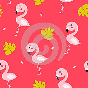 Seamless pattern with cute baby flamingo and tropical plants on red background. Ornament for textile and wrapping