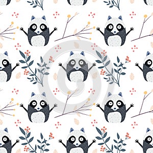 Seamless pattern with cute baby raccoons. Kids vector background