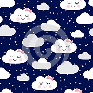 Seamless pattern cute baby shower with faces clouds