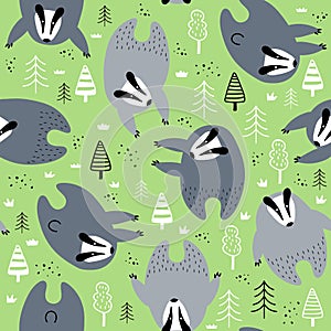 Seamless pattern with cute badgers in the forest
