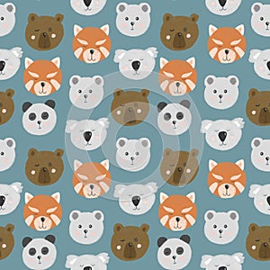 Seamless pattern with cute bear faces bear, polar bear, panda, red panda