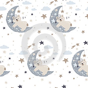 Seamless pattern with cute bear sleeping on the moon. Vector Illustration