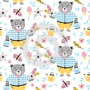 Seamless pattern with cute bear on a white background. Vector illustrations