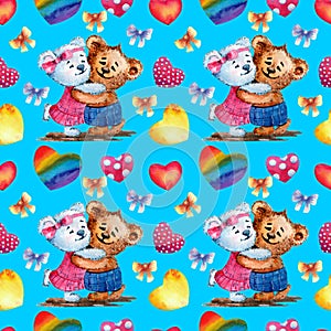 Seamless pattern. Cute bears on the background of hearts. Watercolor illustration. Blue background. Happy Valentine`s day