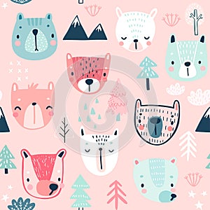 Seamless pattern with Cute Bears. Childish Background with sweet characters and other elements