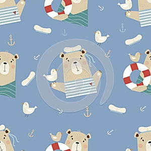 Seamless pattern with cute bears. Funny sailor with seagull and lifebuoy on blue background with seabirds and anchor