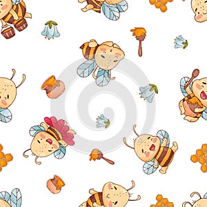 Seamless pattern with cute bee, flowers and hunny isolate on a white background. Vector art in cartoon sketch style