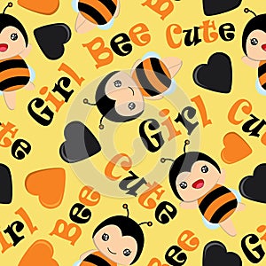 Seamless pattern of cute bee girl on yellow background cartoon illustration suitable for kid wallpaper