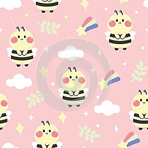 Seamless pattern of cute bee on pink background.Sky