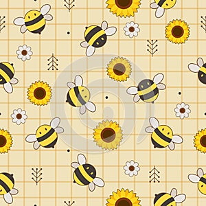 The seamless pattern of cute bee and sunflower and white flower on the yellow background. The character of cute bee and sunflower