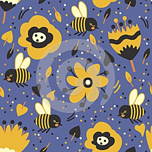 Seamless pattern with cute bees and flowers on blue background