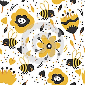 Seamless pattern with cute bees and flowers on white background