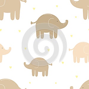 Seamless pattern of cute beige elephants and hearts. Vector image for girl and boy. Illustration for holiday, baby shower, birthda