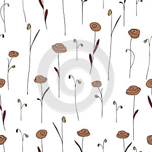 Seamless pattern with cute beige flowers. White background with stylized doodle roses.