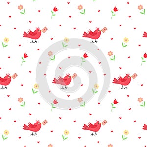 Seamless pattern with cute bird, love letter, flowers and hearts