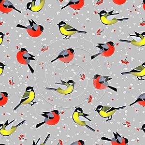 Seamless pattern with cute birds bullfinches and tits in winter photo