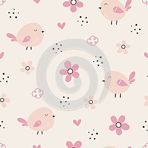 Seamless pattern with cute birds and flower on pastel color