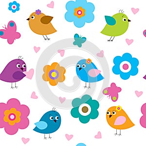 Seamless pattern with cute birds and flowers