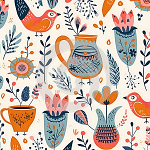 Seamless pattern with cute birds and flowers. Vector illustration