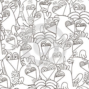 Seamless pattern with cute birds. Monochrome black and white texture with funny birds. Perfectly look on fabric,textile,web,etc.