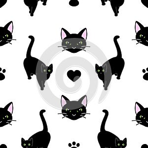 Seamless pattern with cute black cats. Texture for wallpapers, stationery, fabric, wrap, web page backgrounds, vector illustration