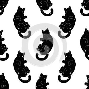 Seamless pattern with cute black space cats. Texture for wallpapers, stationery, fabric, wrap, web page backgrounds, vector