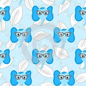 Seamless pattern with cute blue elephant face in sunglasses on floral background. Vector flat animals colorful