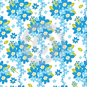 Seamless pattern of cute blue flower and leaf line hand drawn background