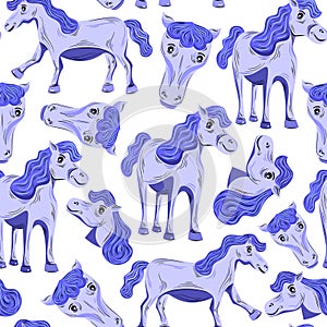 Seamless pattern of cute blue little pony horse isolated on white background
