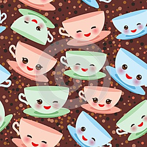 Seamless pattern Cute blue pink green Kawai cup, coffee tea with pink cheeks and winking eyes, pastel colors on brown polka dot ba