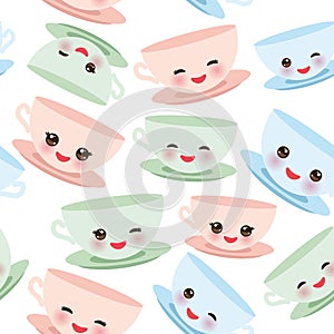 Seamless pattern Cute blue pink green Kawai cup, coffee tea with pink cheeks and winking eyes, pastel colors on white background.