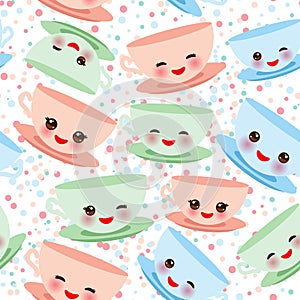 Seamless pattern Cute blue pink green Kawai cup, coffee tea with pink cheeks and winking eyes, pastel colors on white polka dot ba