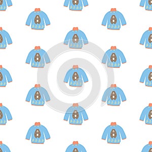 Seamless pattern with cute blue sweaters on a white background